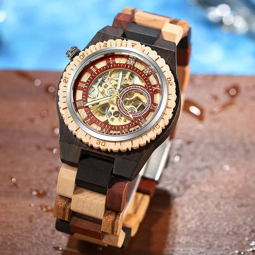 

Luxury Men's Watch Automatic Mechanical Wooden Watch Roman Numerals Display Wood Bangle Wristwatch Creative Male Timepiece reloj