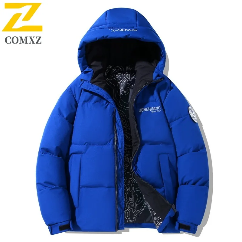 COMXZ 2025 Mens Winter Shiny Thick Puffer Jacket American style waterproof windproof Detachable Hood lightweight windbreaker