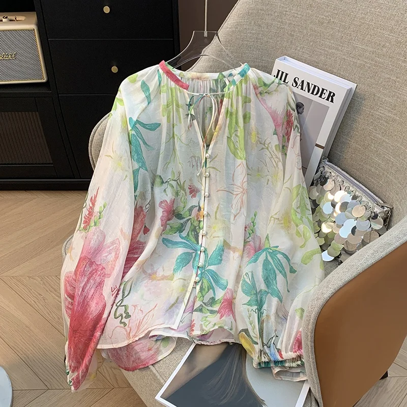 

Casual Cotton Linen Faion Set Women Loose Versatile Belted Sun Protection irt orts Superb Floral Colors High Quali