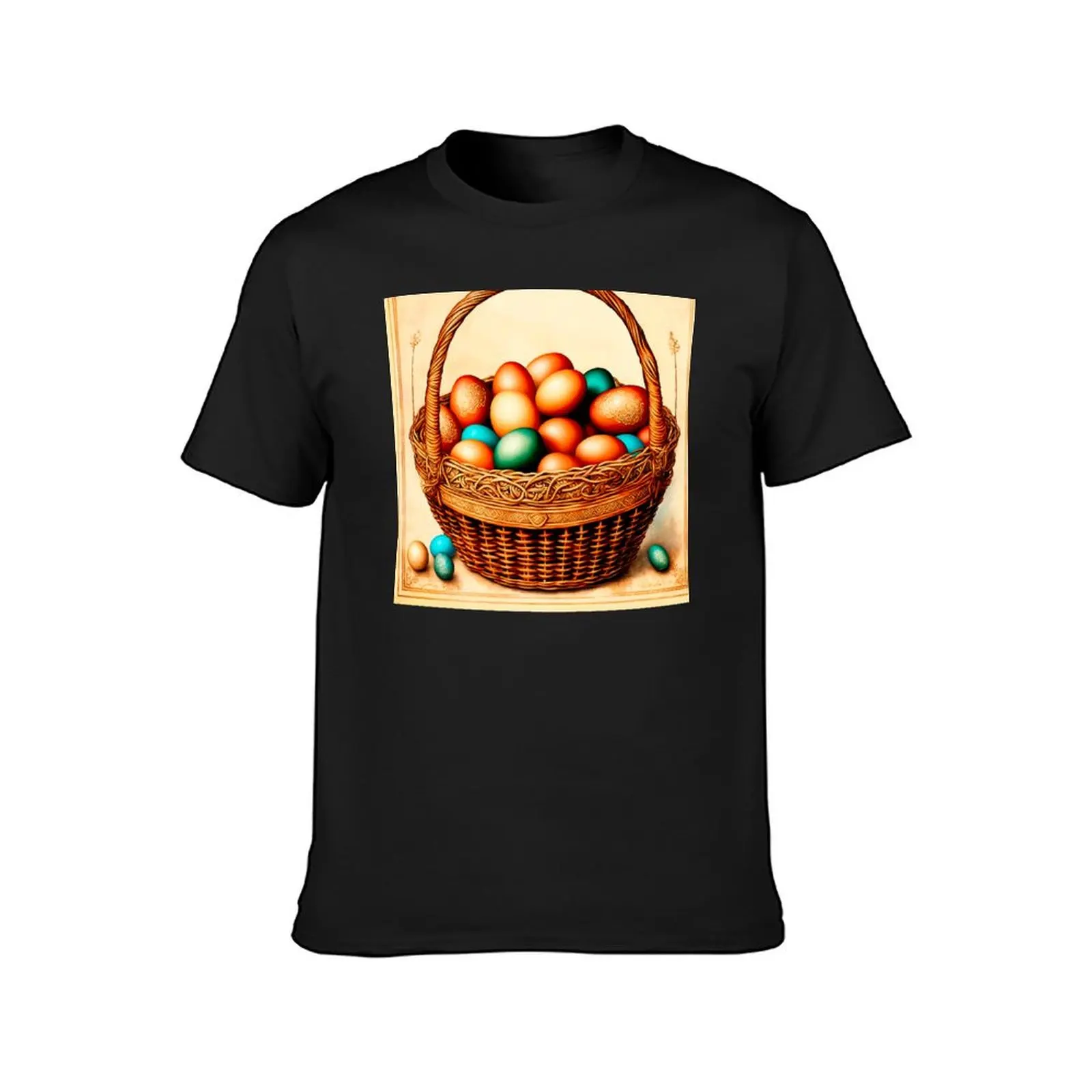 Easter basket with colorful eggs in the style of an old postcard. Vintage festive design in a nostalgic antique style. T-Shirt