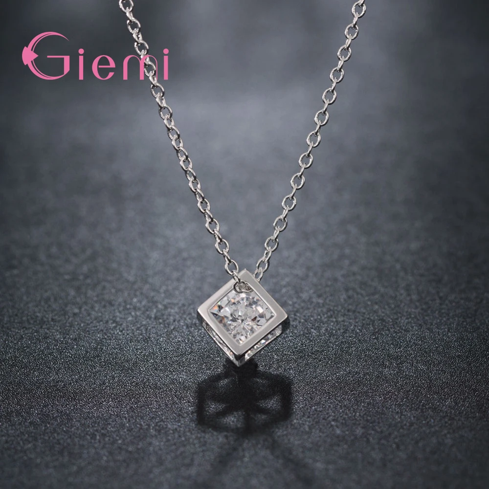 Delicate 925 Sterling Silver Color Jewelry With Cubic Zirconia Square Pendant Necklace Women Anniversary Lovely Gifts