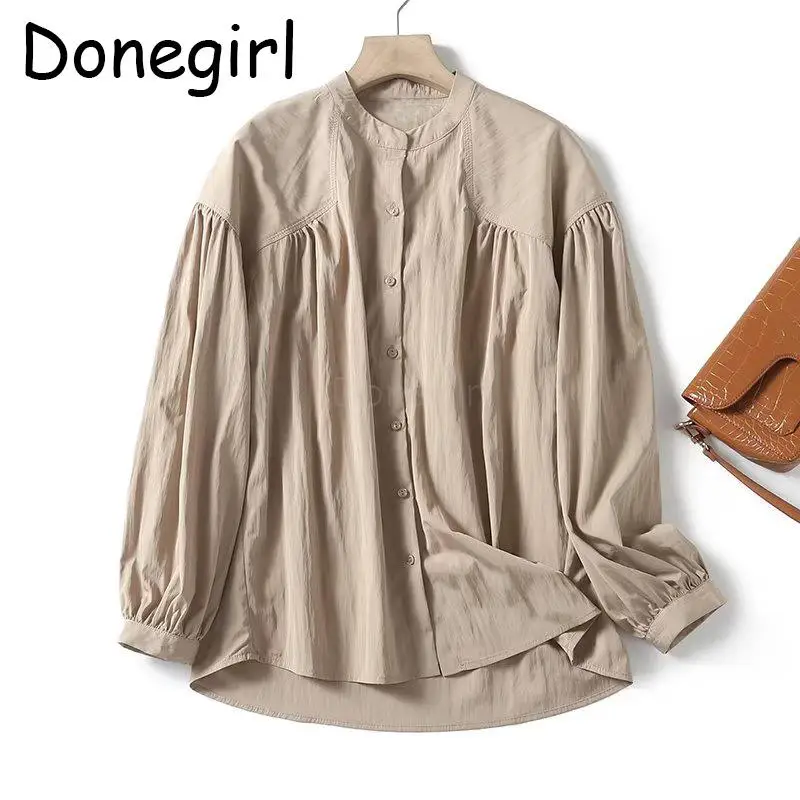 Donegirl 2023 Nieuwe Herfst Vrouwen Pendelen Effen Poff Mouw Plooien Met Staande Hals Shirt Los Schattige Eenvoudige Casual Blouses Tops Dames