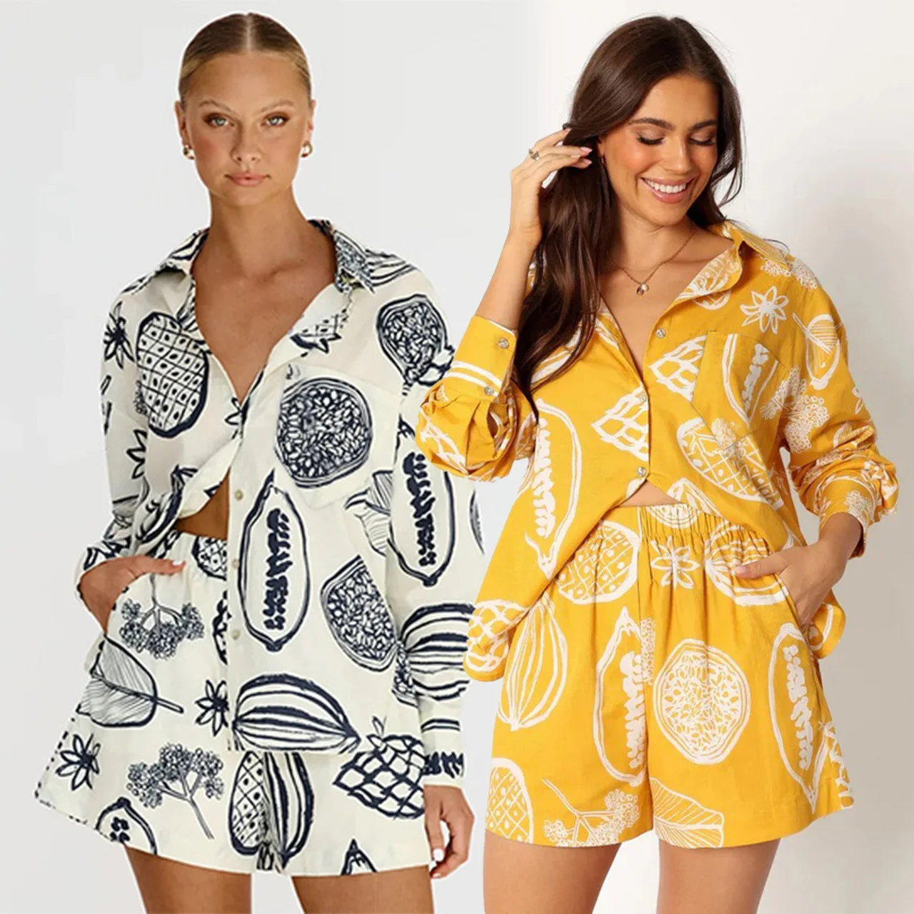 

Summer Print Sets For Women 2 Pieces 2025 New Long Sleeve Single Breasted Shirts Shorts Two Piec Suit Elegant Fashion Outfit