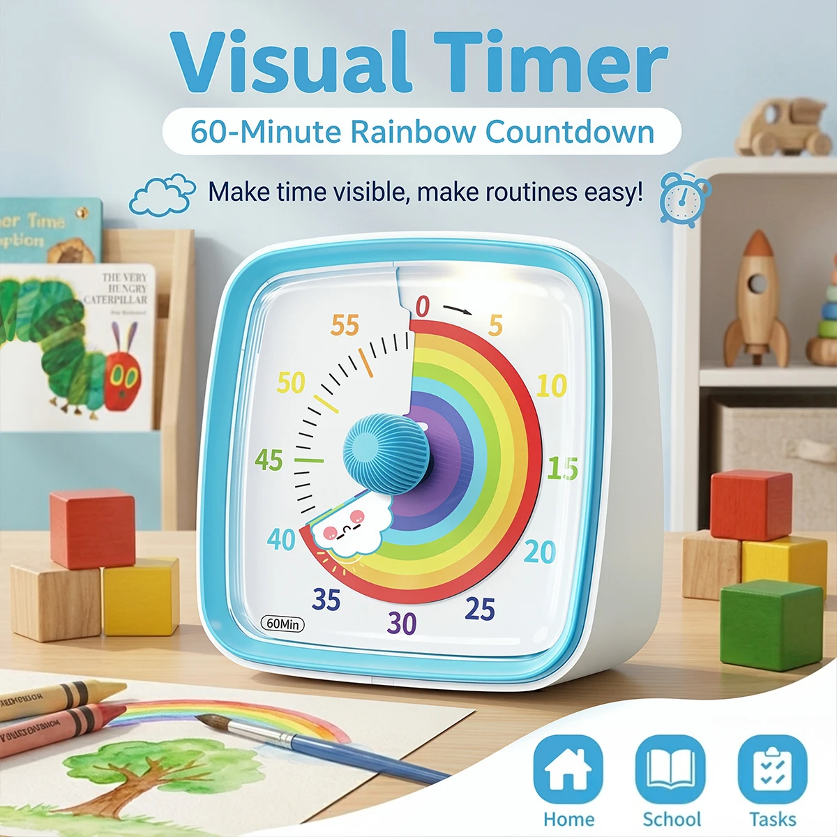 60 Minute Visual Timer for Kids Rainbow Countdown Timer Silent Timer Adjustable Volume Flash Light Reminder With Protective Case