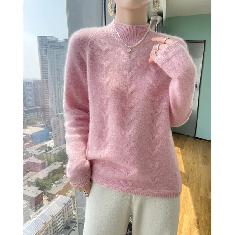 Thickened Half High Collar Pullover Women's AutumnWinter Warm Solid Color Long Sleeved Loose Jumpers 100%Merino Wool KnitSweater