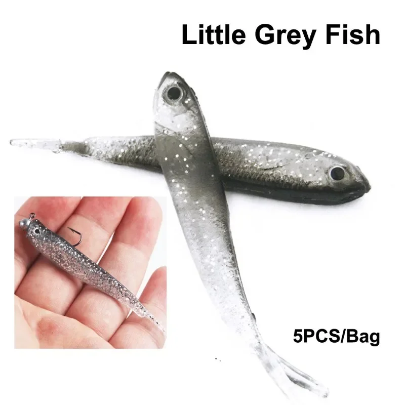 5Pcs Luya Bait Simulation Soft Bait Small Grey Fish Wild Fishing Biomimetic Bait Light Sea Water Crossmouthed Perch Black Fish