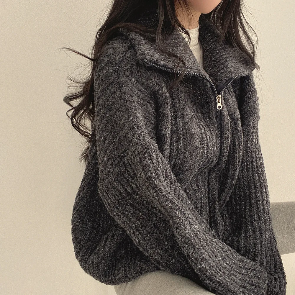 

Thick Twisted Stitch Double-headed Zipper Long-sleeve Turtleneck Cardigan Knit Sweater Coat for Autumn and Winter