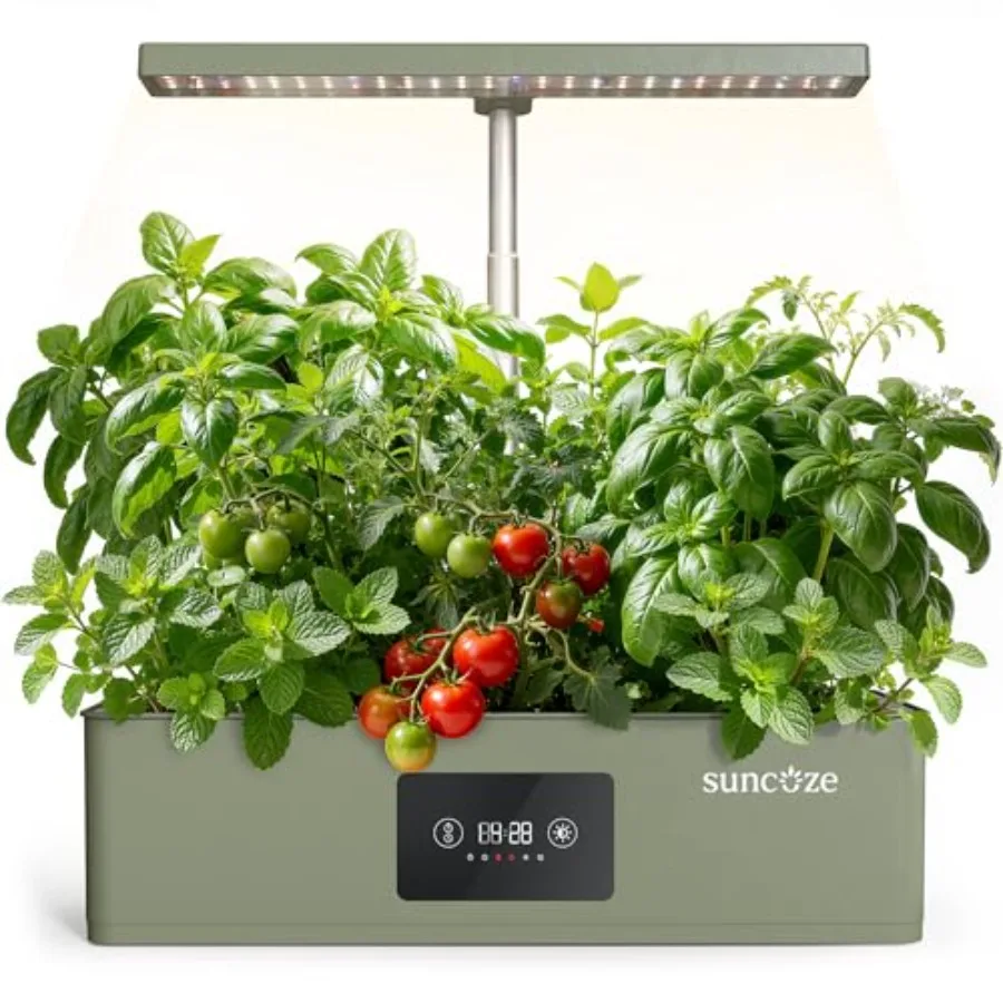 Hydroponics Growing System Kit for home kitchen use, green plastic, dimmable 24W grow light with timer and local time setting,