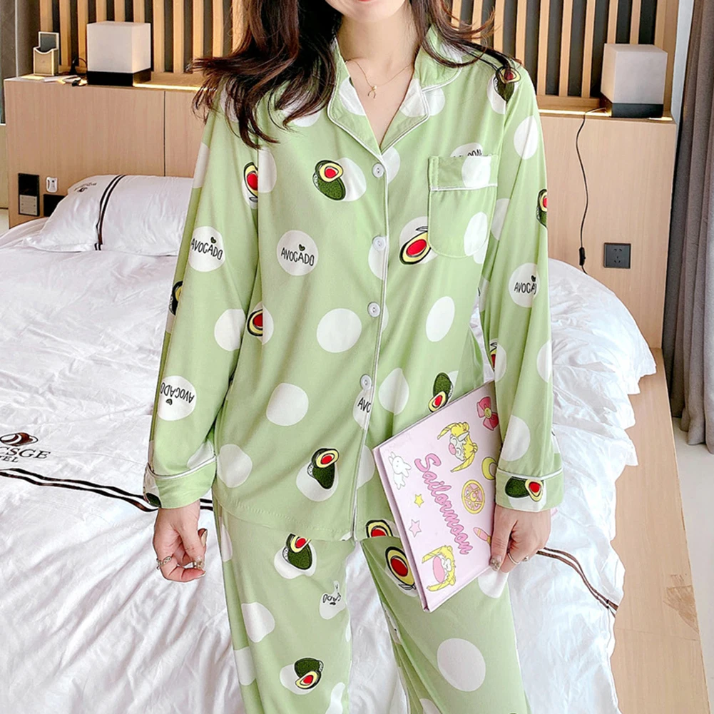 Women Spring Summer Pajamas Print Pajama Set Button Up Long Sleeve Top With Trousers Pijama Sets Women's Sleepwear Loungewear