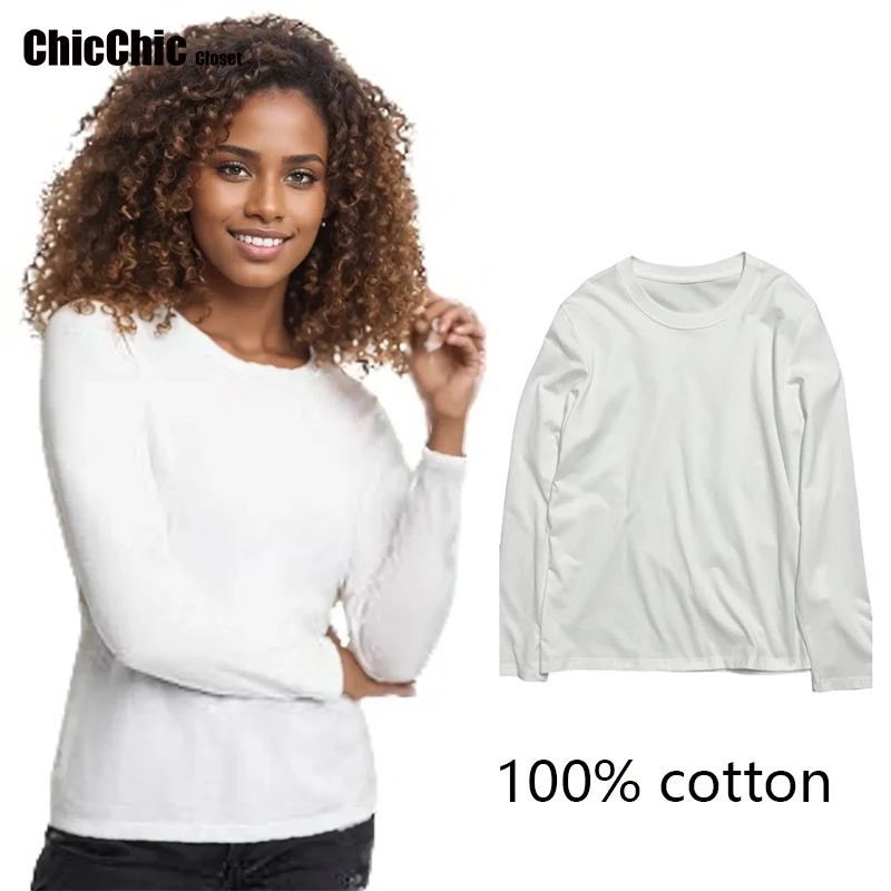 

MIniso, женская футболка из 100% хлопка с длинными рукавами, новинка 2025, однотонная бархатная женская футболка с круглым воротником для футболок, топы, футболки