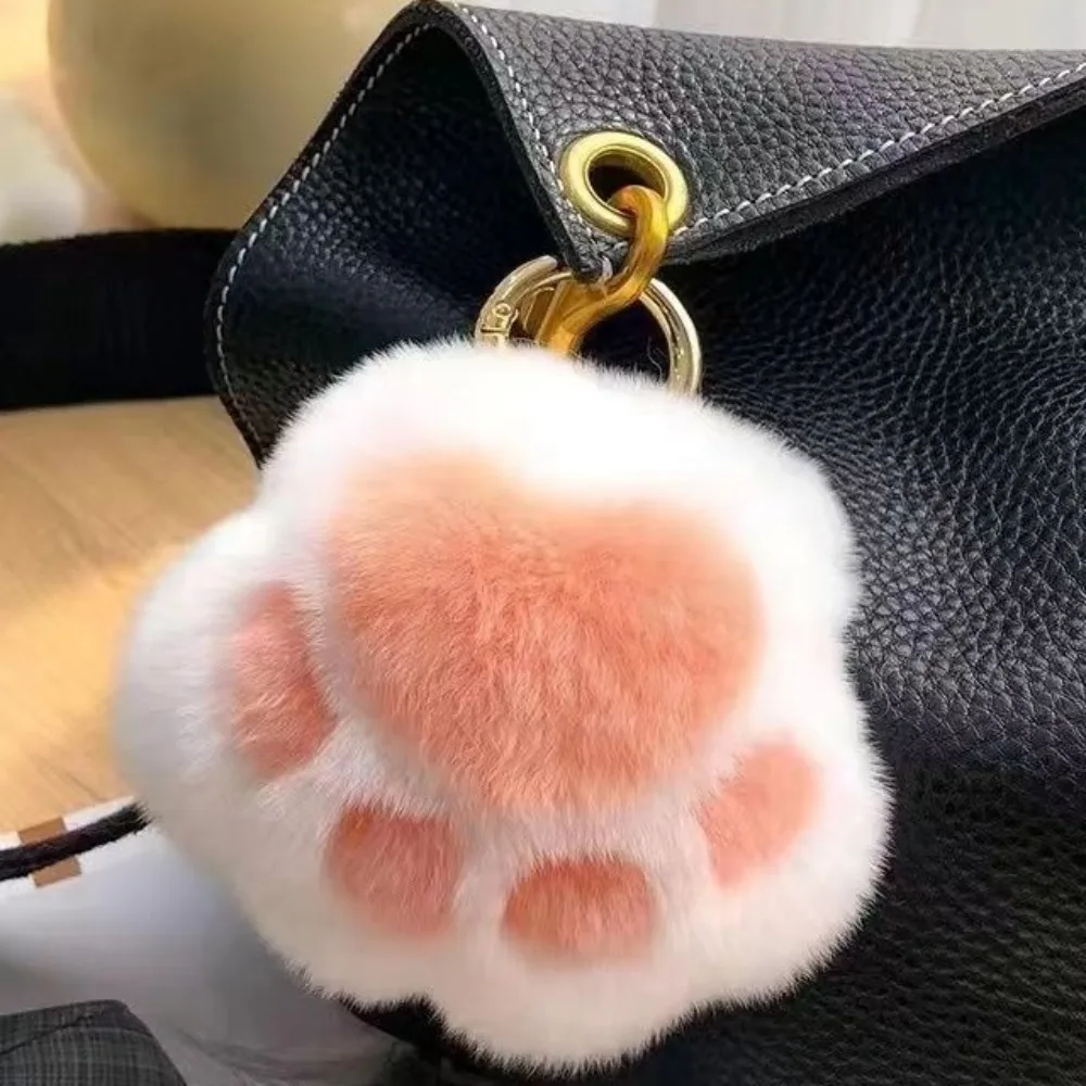 Stuffed Animal Cat's Paw Fur Keychain Furry Pompom Cat's Paw Stuffed Keyring Kawaii Car Trinket Cat's Paw Pendant Women Girls
