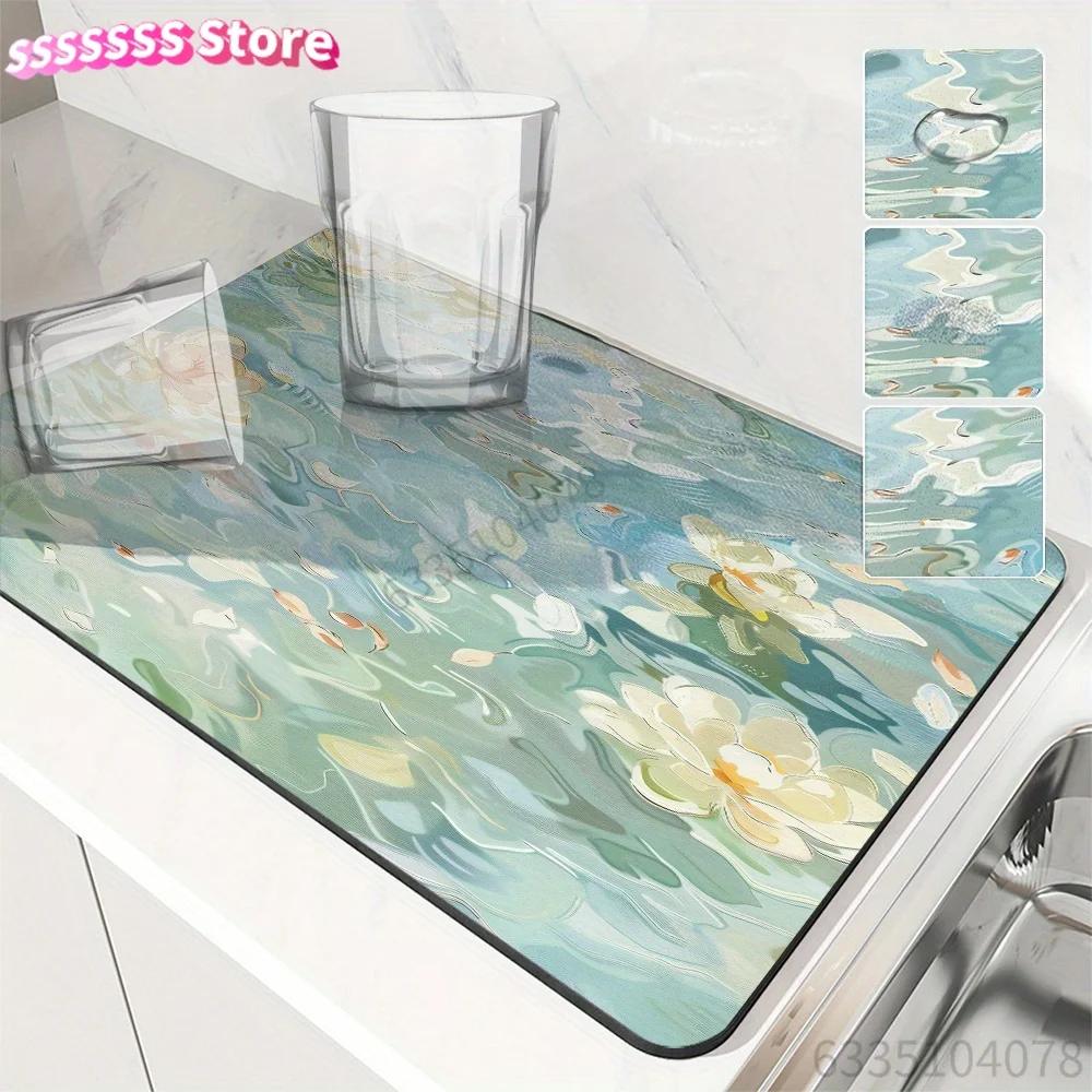 1PC Floral Lotus Water Ripple Oil Painting Design Dish Drying Mat, Absorbent Kitchen Draining Pad, Non-Slip Rubber Coffee Machin