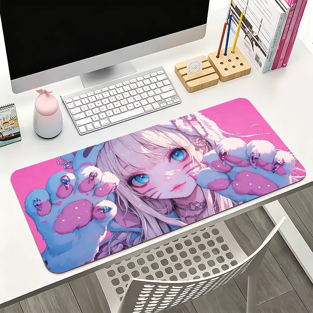 Cute Pink Cat Anime Girl Mouse Pad For Office Gaming And Keyboards Non-Slip Large Waterproof