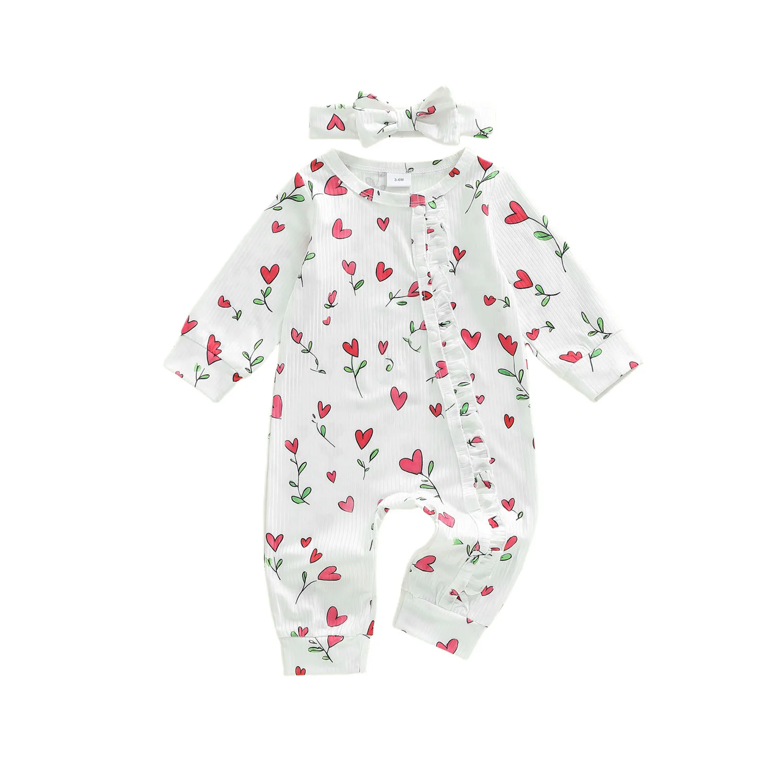 

Baby Girls Fall Romper Heart Floral Print Long Sleeve Round Neck Ruffled Full Length Jumpsuit with Headband Set