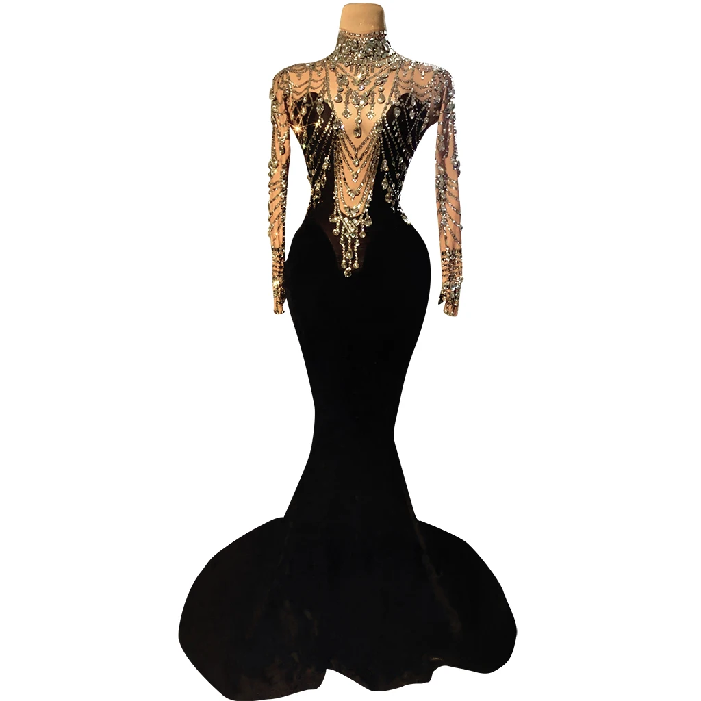 

Elegant Women Velvet Mermaid Dresses Sexy Crystal Bodycon Wedding Party Dress Stage Costume Rhinestone Long Evening Dresses