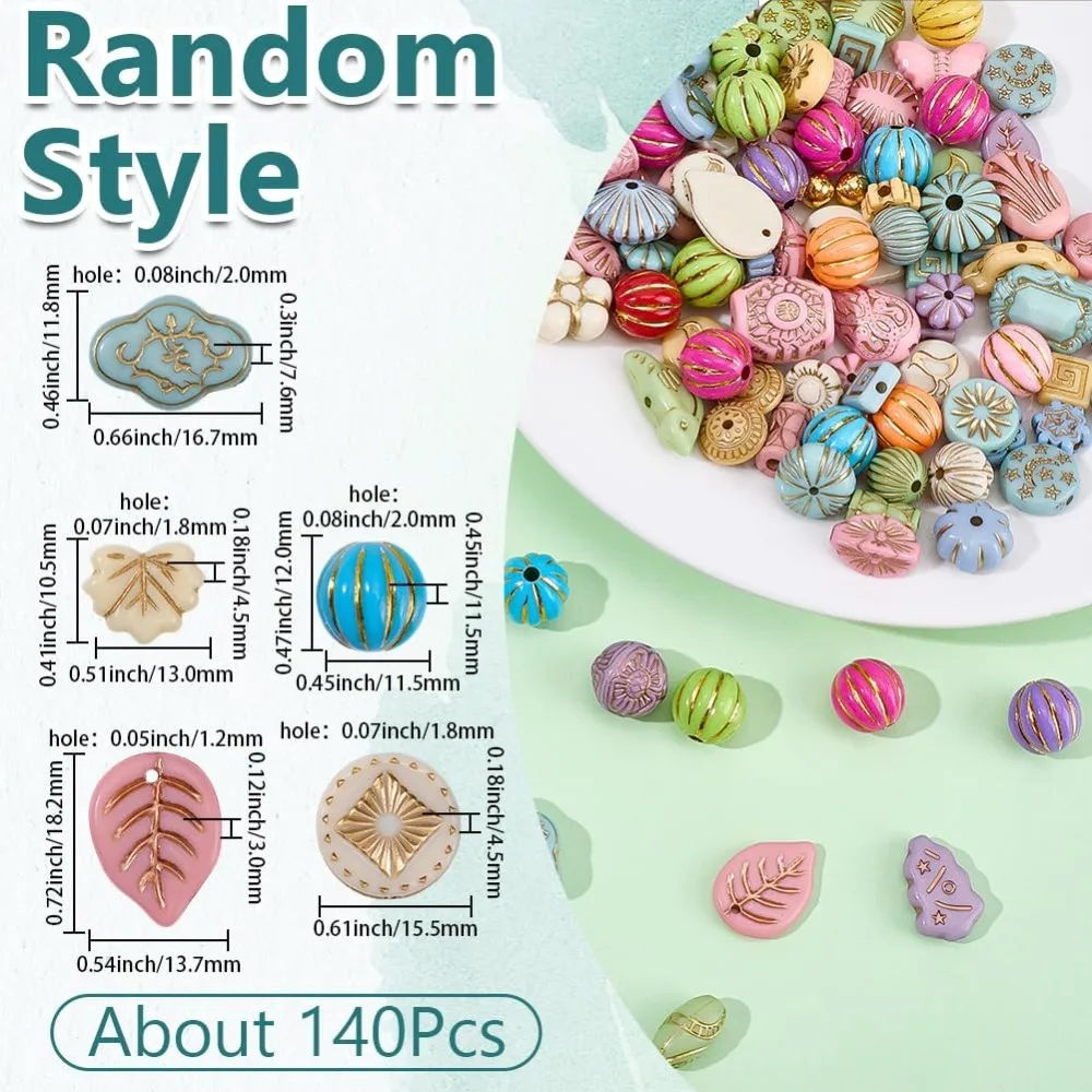 140Pcs Vintage Acrylic Beads Assorted Aesthetic Beads Bulk Mixed Flower Leaf Golden Metal Enlaced Imitation Czech Charms