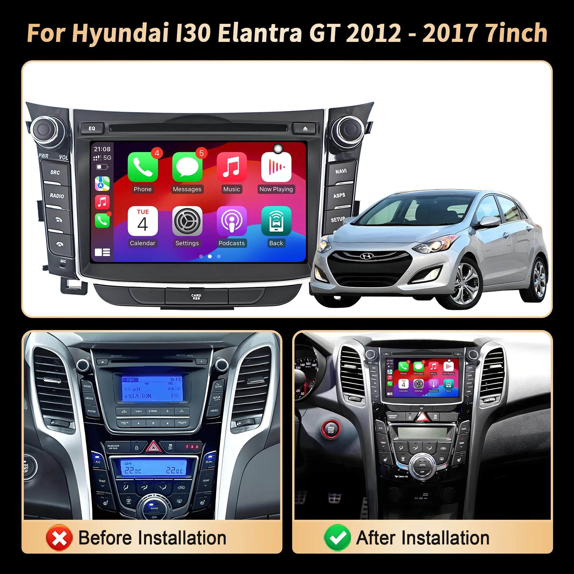 7 inch Android 14 Car Radio For Hyundai I30 Elantra GT 2012 2013 2014 2015 2016 2017 Wireless BT CarPlay Head Unit Screen Stereo