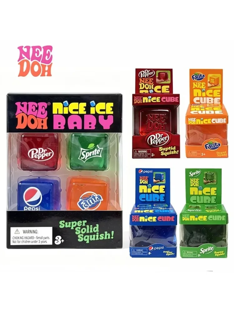 Schylling Needoh Nice Ice Baby 4er-Pack Teenie Cube Fidget Relief Sensorisches Spielzeug Cola Sprite Cube Squish Spielzeug Maltose Ungiftiges Geschenk