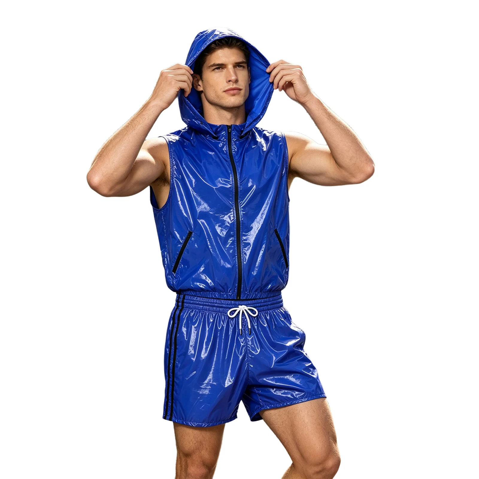 Men's Waterproof Tracksuit Sleeveless Zipper Hooded Vest with Boxer Shorts Built-in Briefs Fitness C