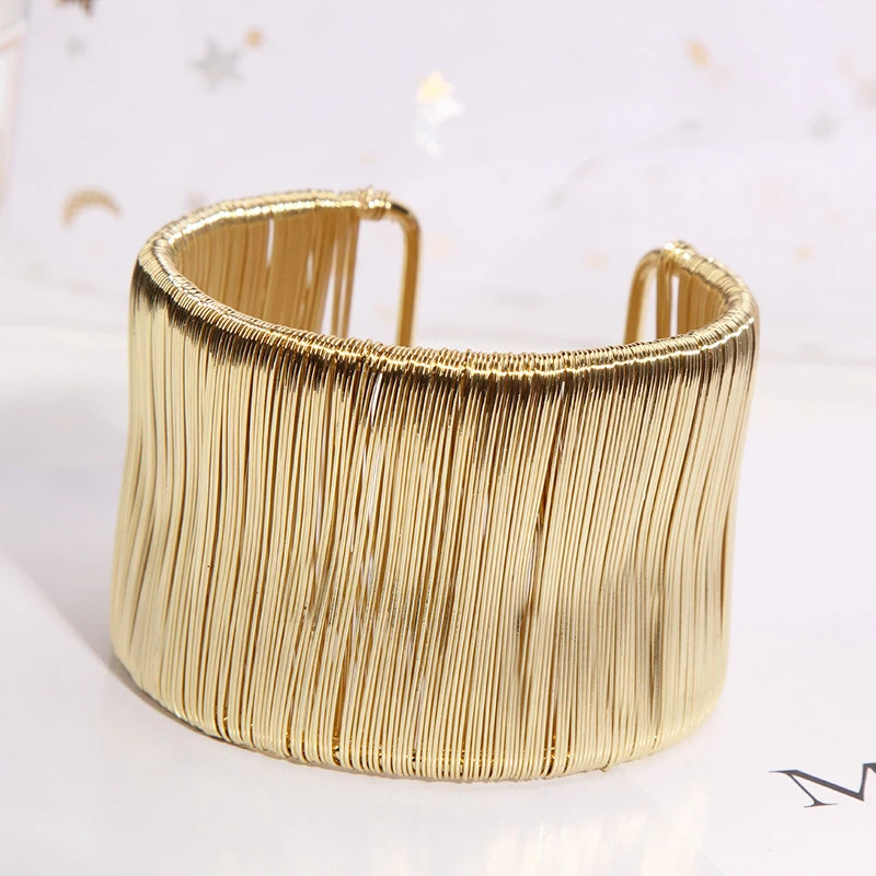 Fashion Open Cuff Women Bracelet Bangle Punk Metal Wire String Adjustable Vintage Exaggerated Gold Silver Color Jewelry Bangles