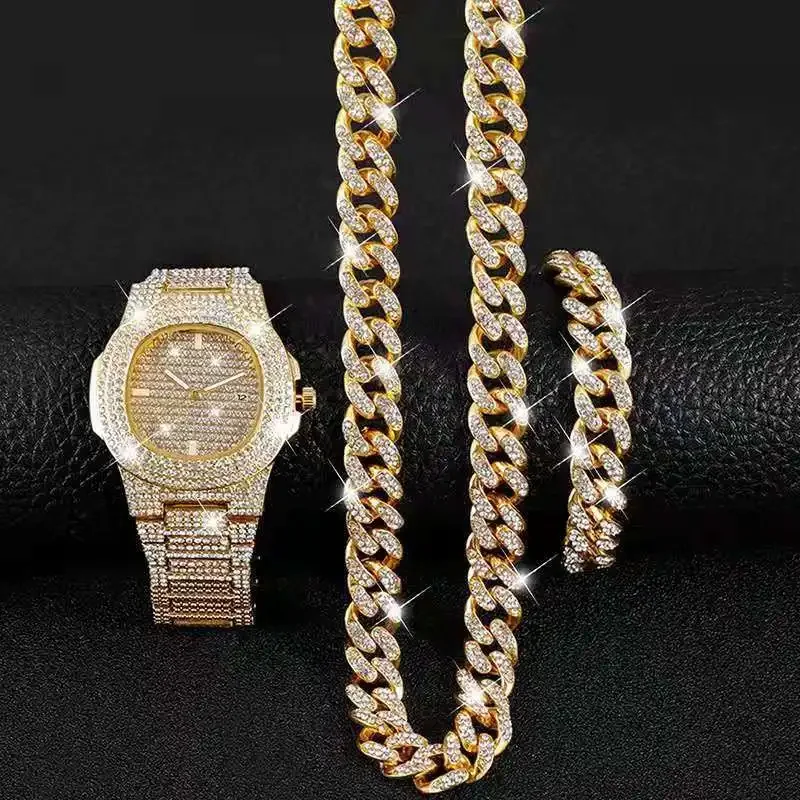 Hyperbole Rock HipHop Miami Curb Cuban Chain Gold Iced Out Paved Rhinestones CZ Bling Rapper for Men Fashion Watch Necklace Gift