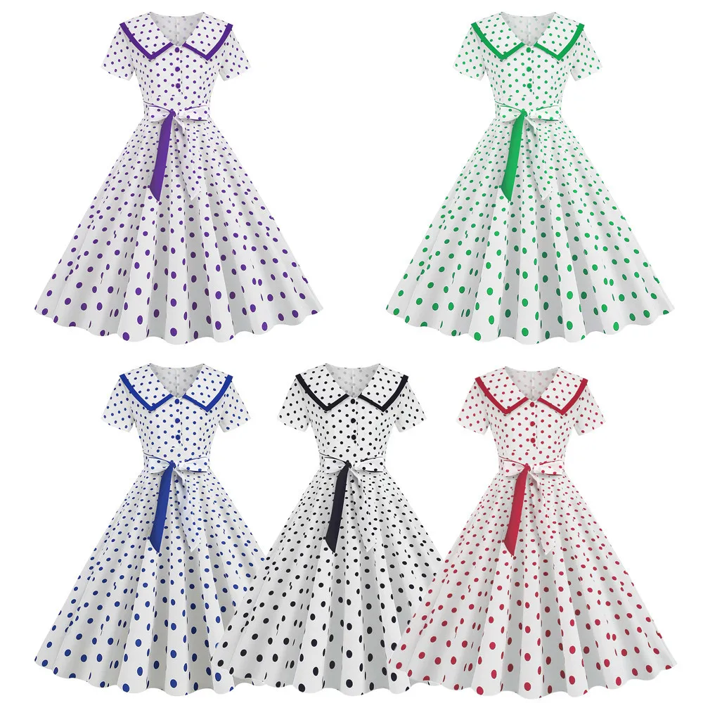 Elegant Women Rockabilly Dress Polka Dots Big Hem Cocktail Dress 1960s 50s Audrey Hepburn Retro Vintage Party Dresses