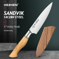 HEZHEN Master Series 5 Inches Sandvik 14C28N Steel Utility Knife Kitchen  Knives Olive Wood Handle cut vegetable and salad