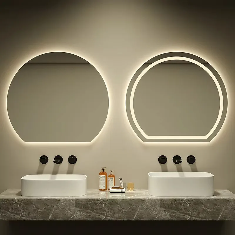 Three-Light Smart Touch Anti-Fog Wall-Mounted LED Bathroom Mirror Sensor Switch Aluminum Backlit Half Circle Design