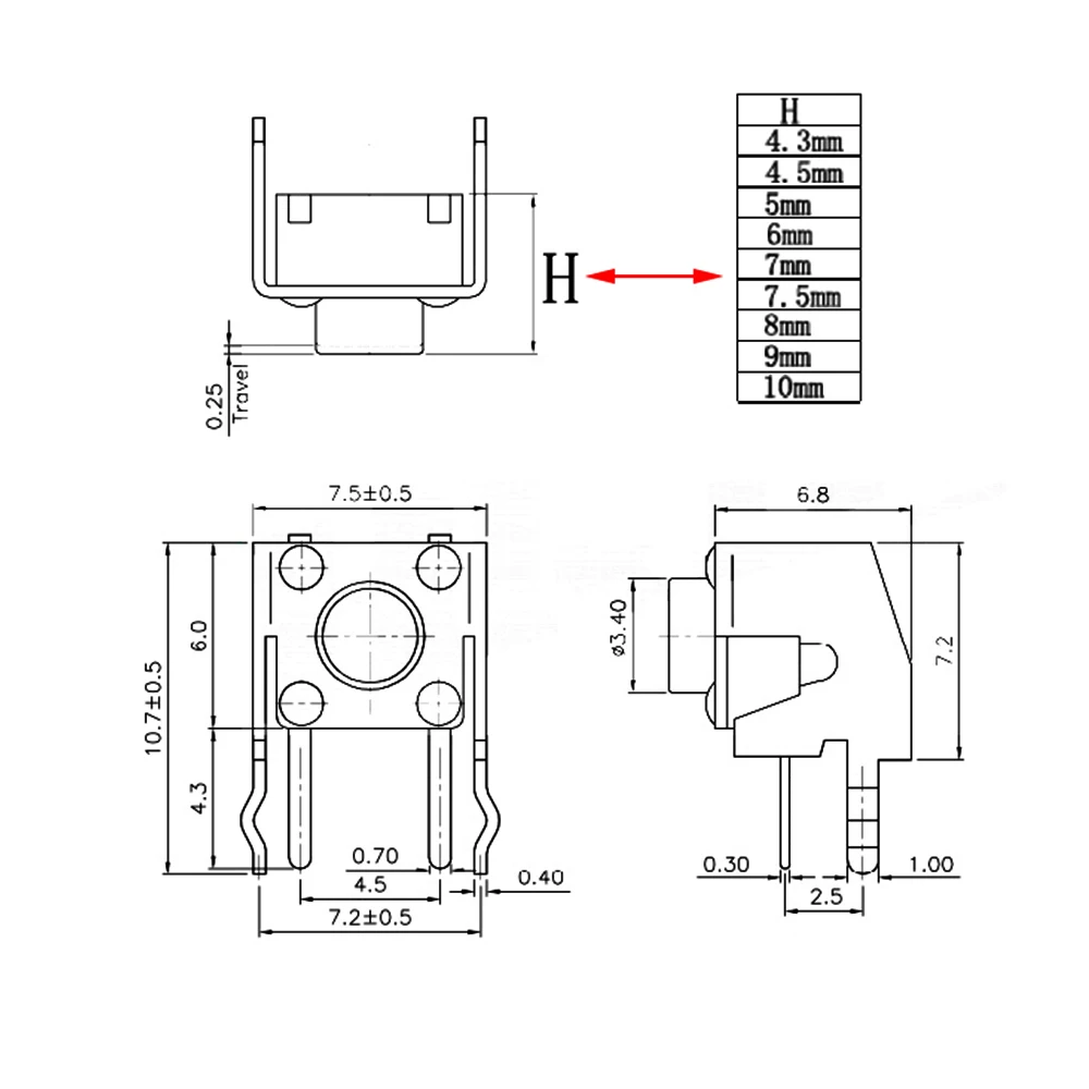 50Pcs 6x6x4.3~10mm Panel PCB Momentary Tactile Tact Push Button Switch Micro Switch Right Angle With Stent