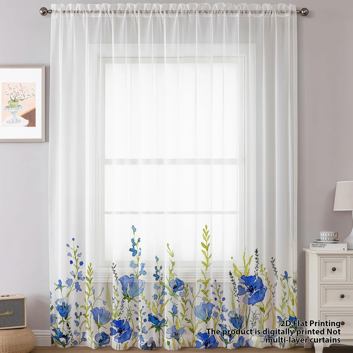 Royal Blue Floral Rod Pocket Sheer Curtains, Watercolor Border Flower Voile Window Curtain for Bedroom Living Room Decor