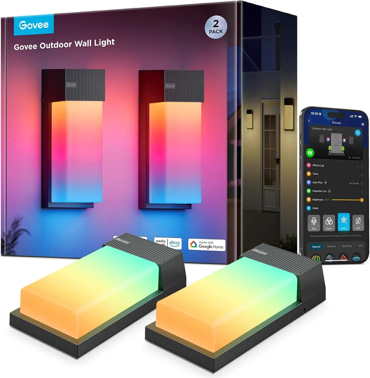 

Умный уличный настенный светильник RGBIC, 1500 лм, IP65, водонепроницаемый, с поддержкой Alexa и Google Assistant, 45 режимов сценариев для DIY декора, 2 штуки в комплекте