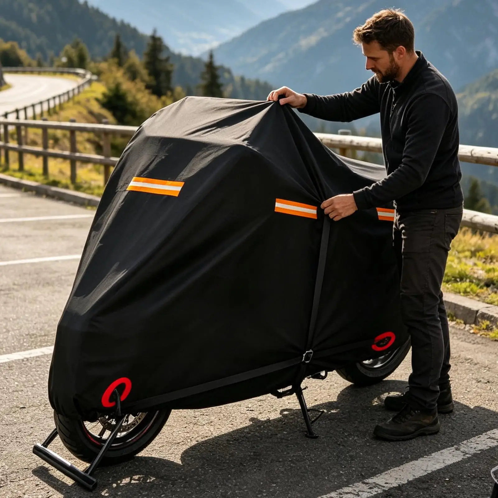 Motorcycle Cover with Reflective Strips Rain Dust Protector Motorcycle Cover Outdoor Storage Heavy Duty with Anti-Theft Lock