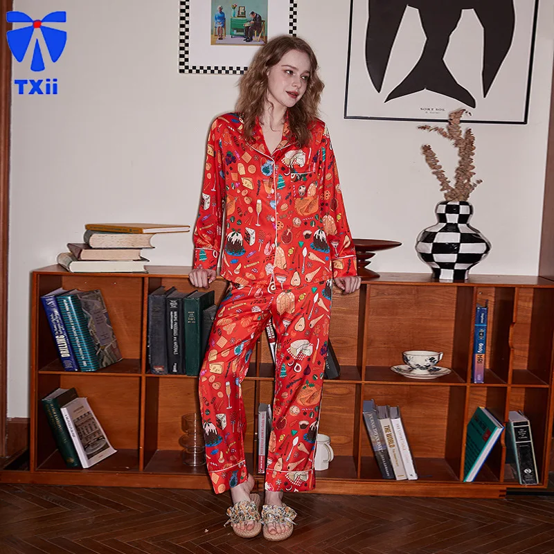 【Orange Dessert】comfortable Ice Silk Pajamas Women High-end Sense ins Style Lapel Spring/Summer Long Sleeve Home Suit 24