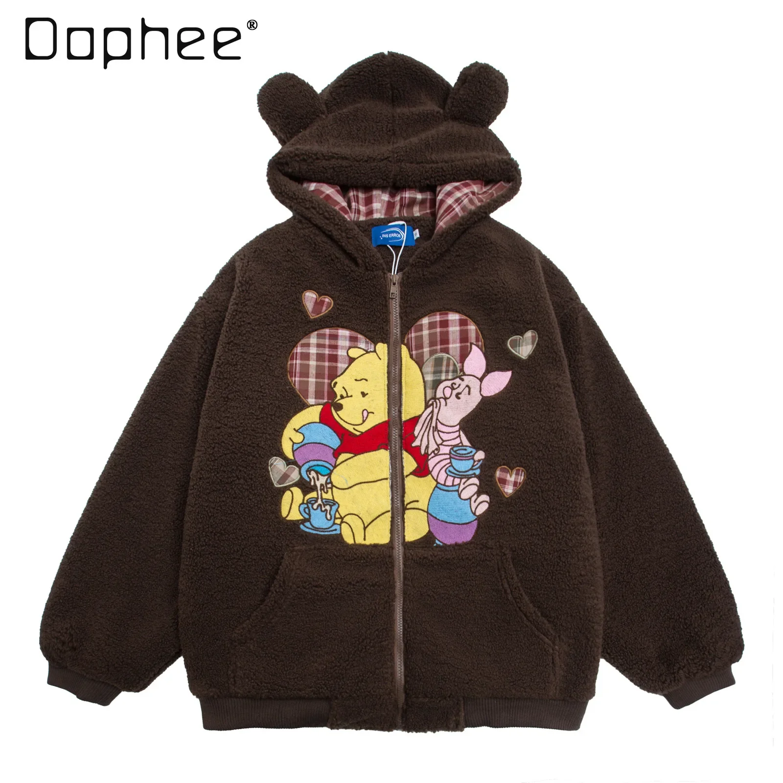 American Retro Fun Cartoon Embroidered Hooded Lamb Wool Cotton Clothes for Men and Women Winter Loose Thickened Warm Jacket