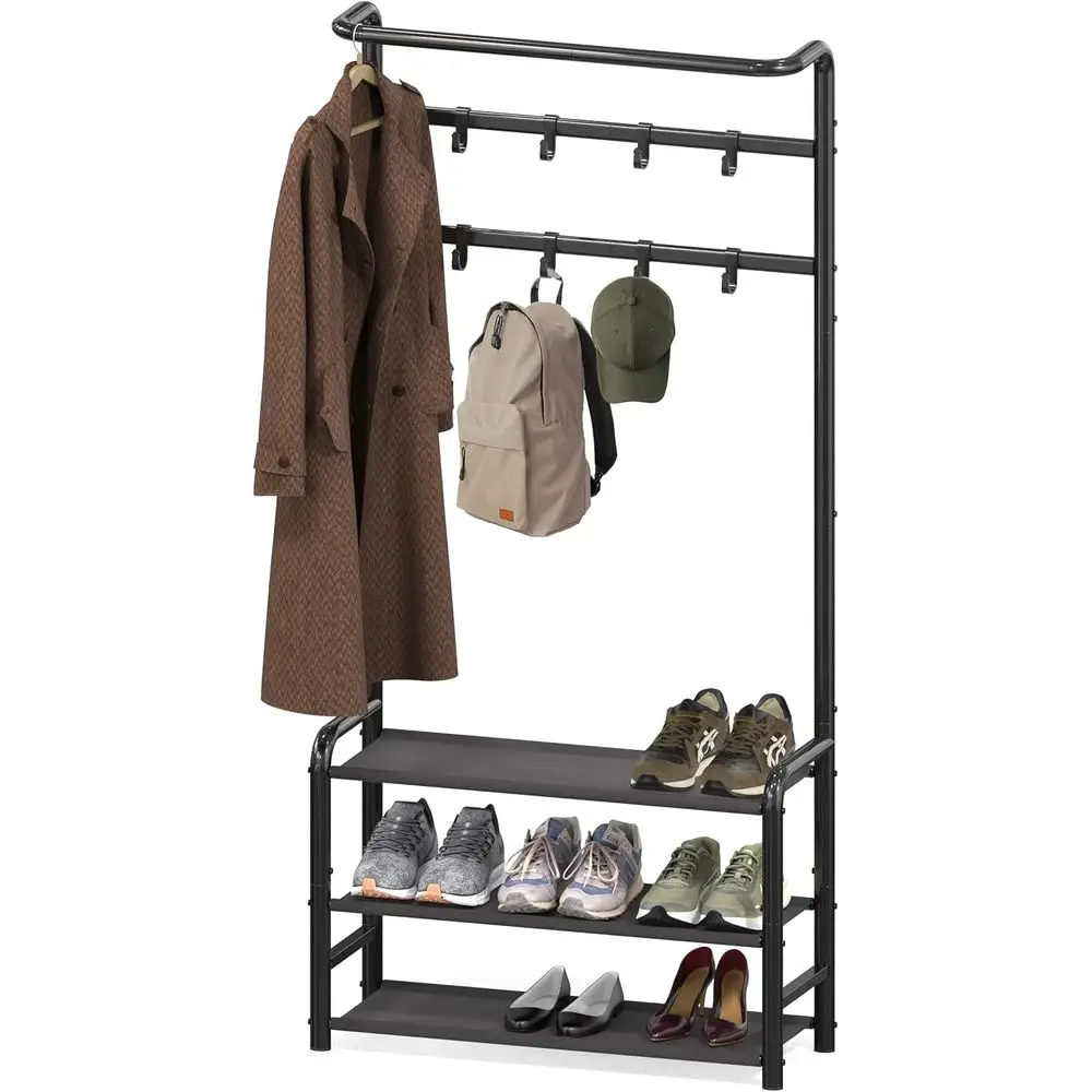 Coat Rack with Shelf, Standing Hall Tree, Black Metal Clothes Hanger Stand for Coats, Hats, Bags