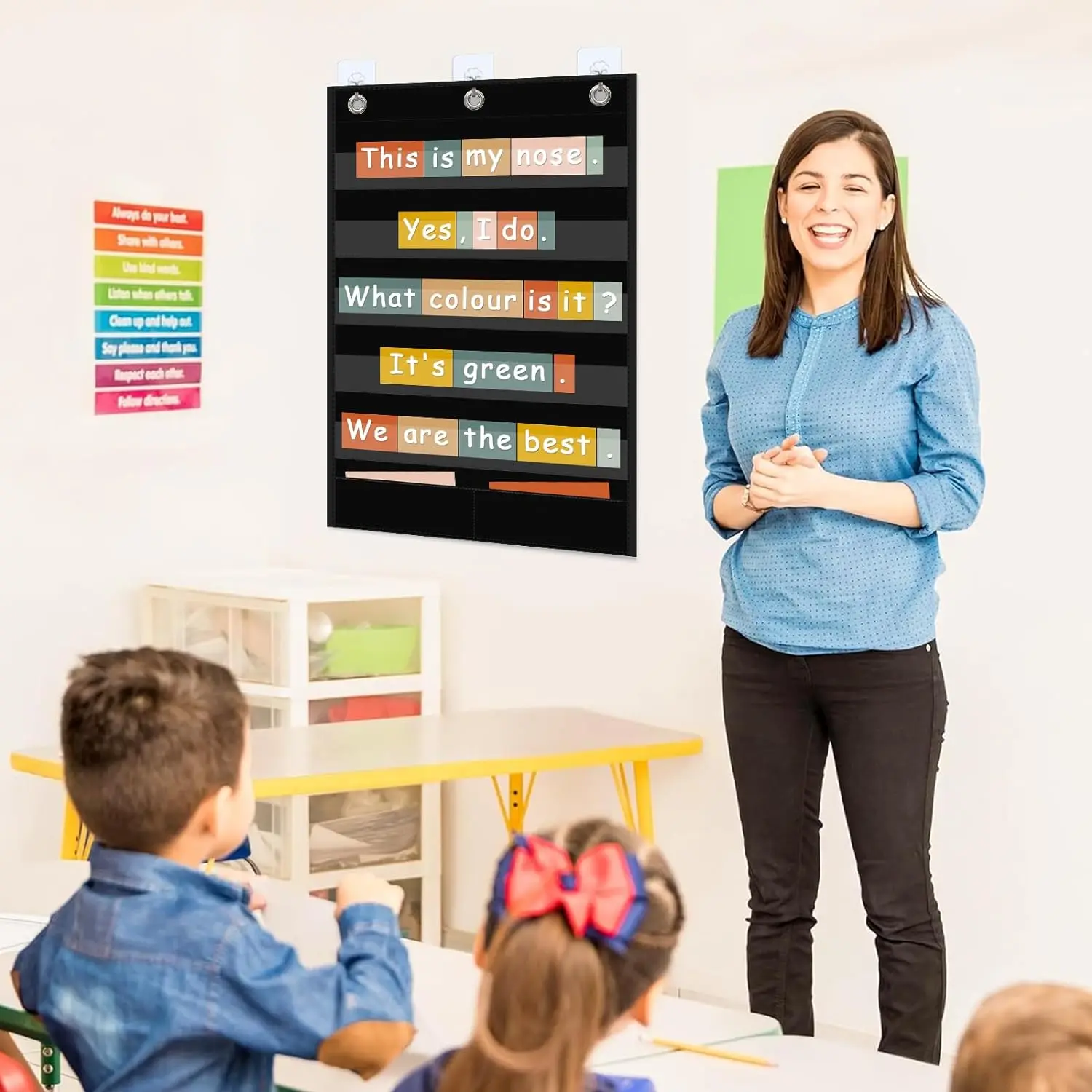 Classroom Black Standard Pocket Chart Words Chart with Extra Storage Pocket for Sentence Strips School Home Office Use