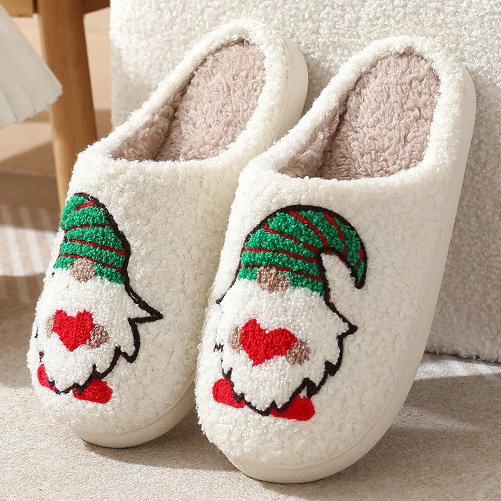 Women Prints Home Fuzzy Flat Women Furry Keep Slide Cartoon for Men Warm Toe Pary Christmas Winter On Slippers Round Slip