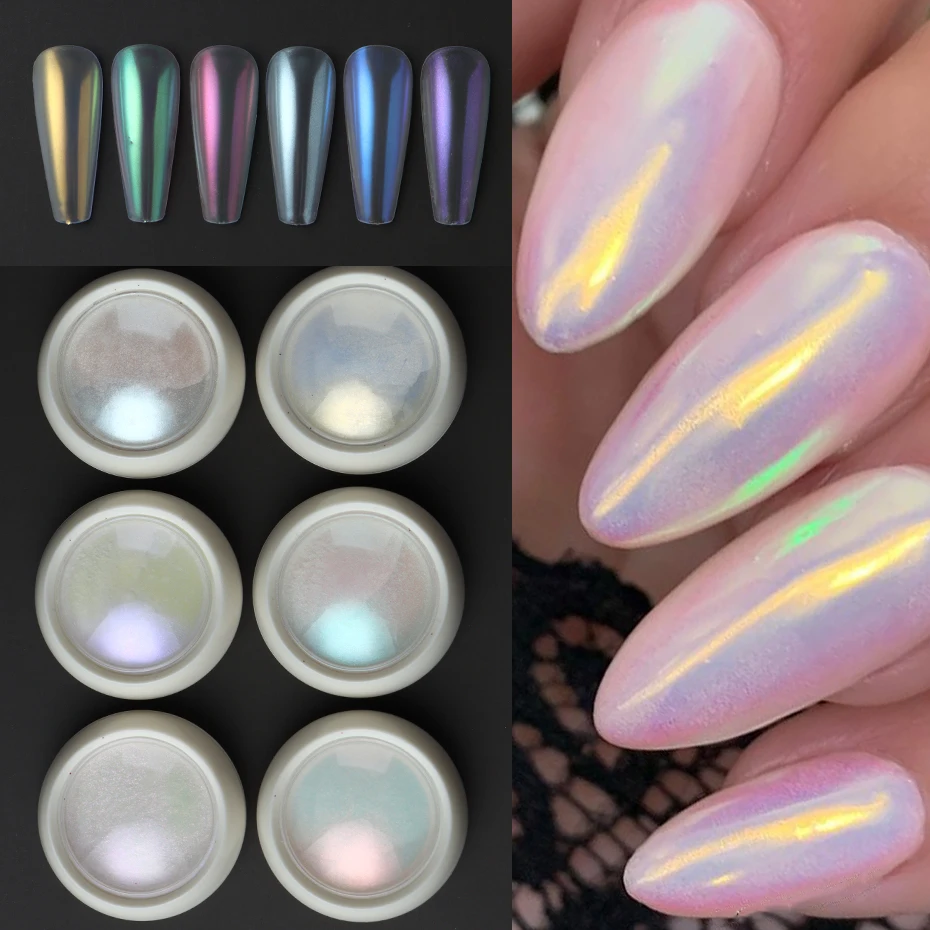 6pcs Pearl Effect Nail Powders Mirror Aurora Chrome Mermaid Nails Art Powder Rainbow Magic Mirror Pearl Shell Powder Supplies