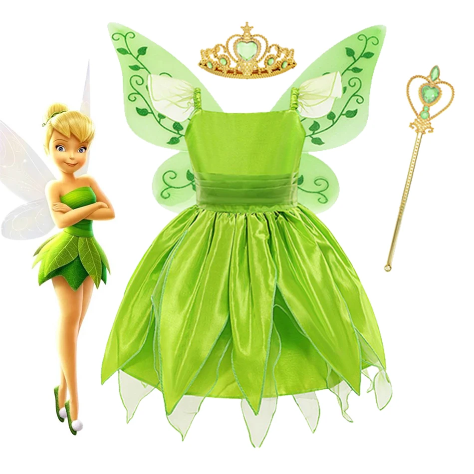 Disney Tinker Bell Princess Halloween Cosplay Girls Party Green Flower Fairy TinkerBell Dress Elf Costume Glitter Butterfly Wing