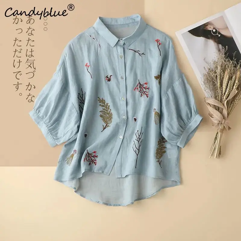 

Shirt Women New Summer Thin Art Personalized Retro Loose Seven Quarter Sleeve Embroidered Shirt Fashion Casual Women's Blouse