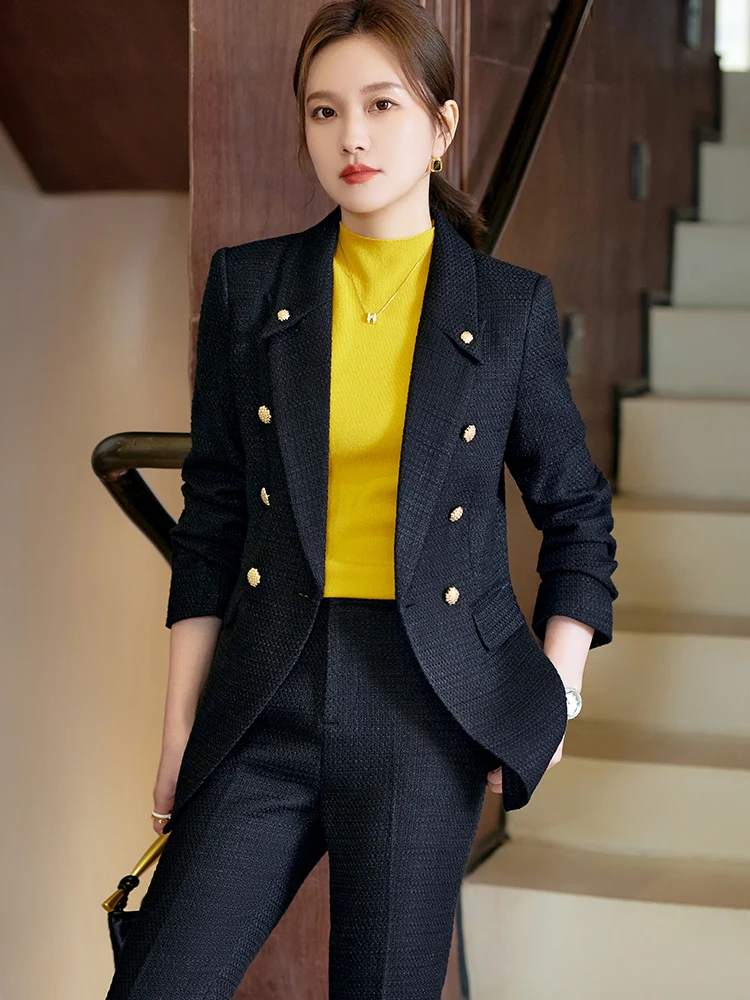 Fashion Blue Khaki Black Plaid Ladies Work Wear Pant Suit 2 Piece Set Women Female Winter Formal Jacket Blazer and Trouser