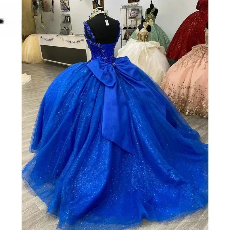 Angelsbridep Cekinowe koraliki Kryształowe suknie Quinceanera w kolorze królewskiego błękitu Suknia balowa Pasek Kokarda Gorset Vestidos De 15 Años Dostosowane