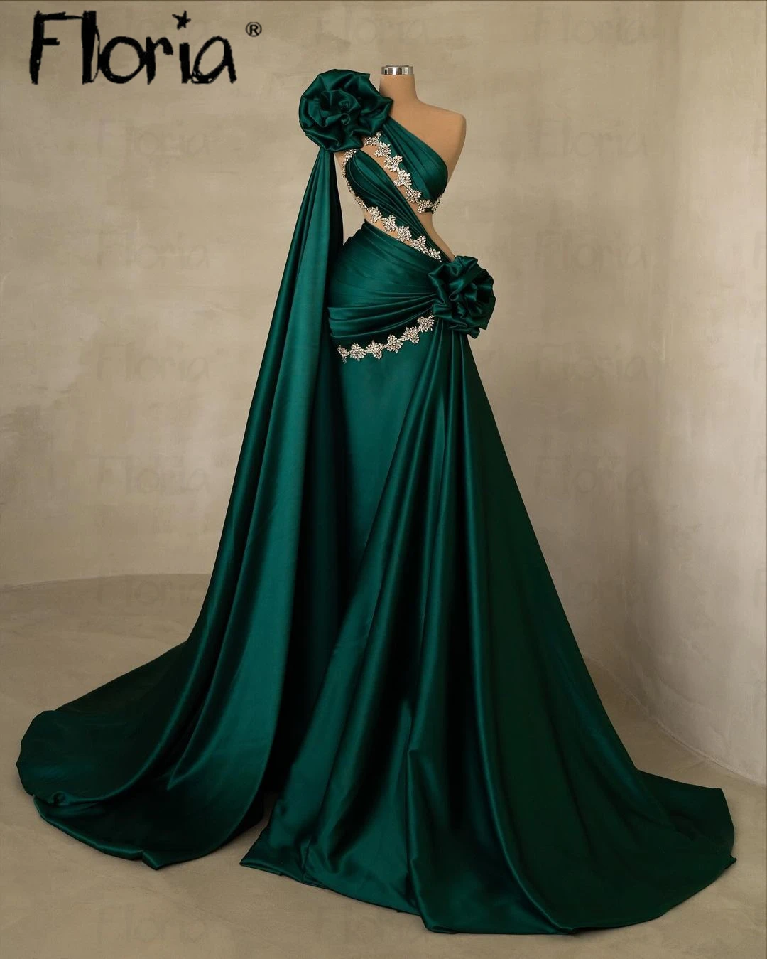 Dubai Emerald Green Evening Dress Cape Sleeve 3D Flowers Wedding Party Gowns Elegant Beaded Long Celebrity Dress Robe Soirée