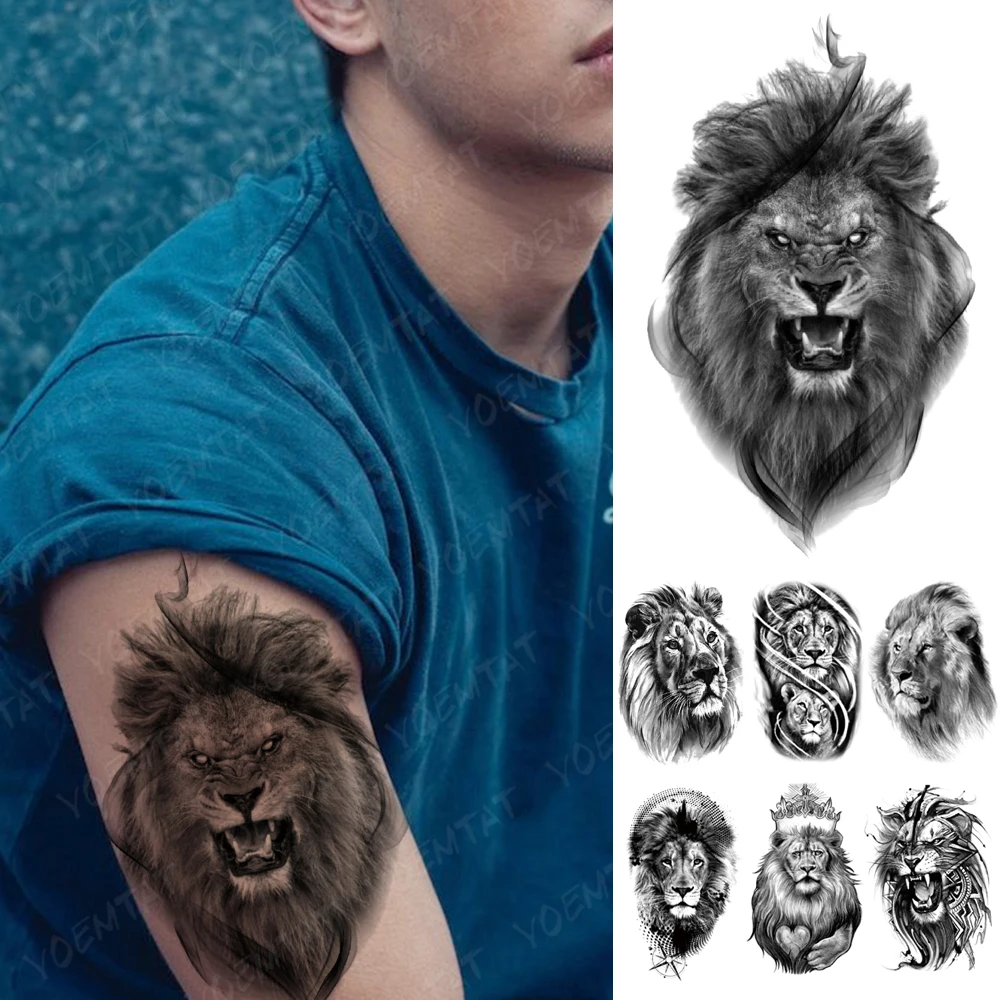 

Waterproof Temporary Tattoo Sticker Black Lion Realistic Sexy Body Art Sketch Pattern Tattoos Animal Arm Fake Tatoo Men Women