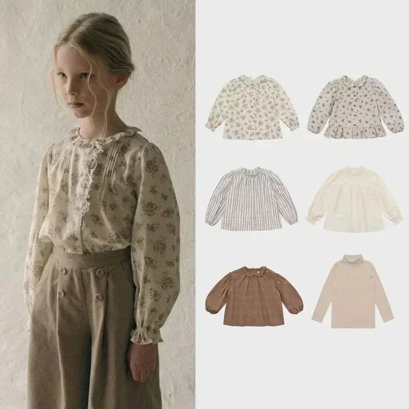 

In Stock! 2025 Spring New LOU Kids Tops Girls Long Sleeved Floral Shirt Solid Color Base Shirt