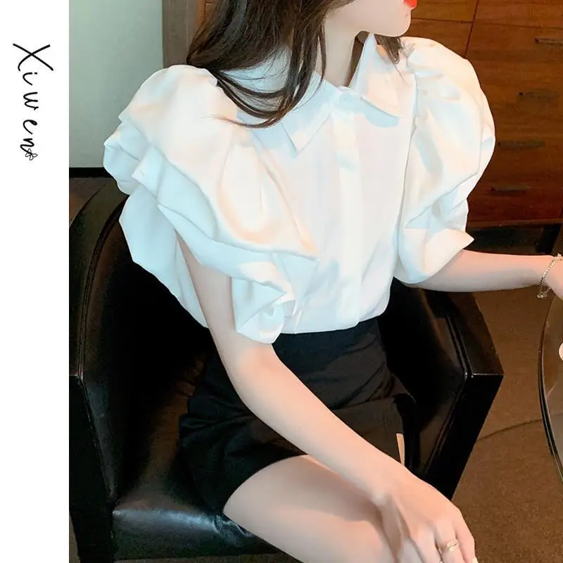 Vintage Polo Neck Black Button Blouse Summer New Short Sleeve Solid Color All-match Shirt Tops Fashion Sweet Women Clothing