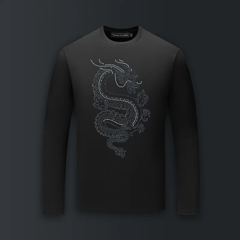 Plus Size Mercerized Cotton T Shirts Men Top Fashion Streetwear Dragon Rhinestones O Neck Long Sleeve Slim Tshirts Mens Clothing