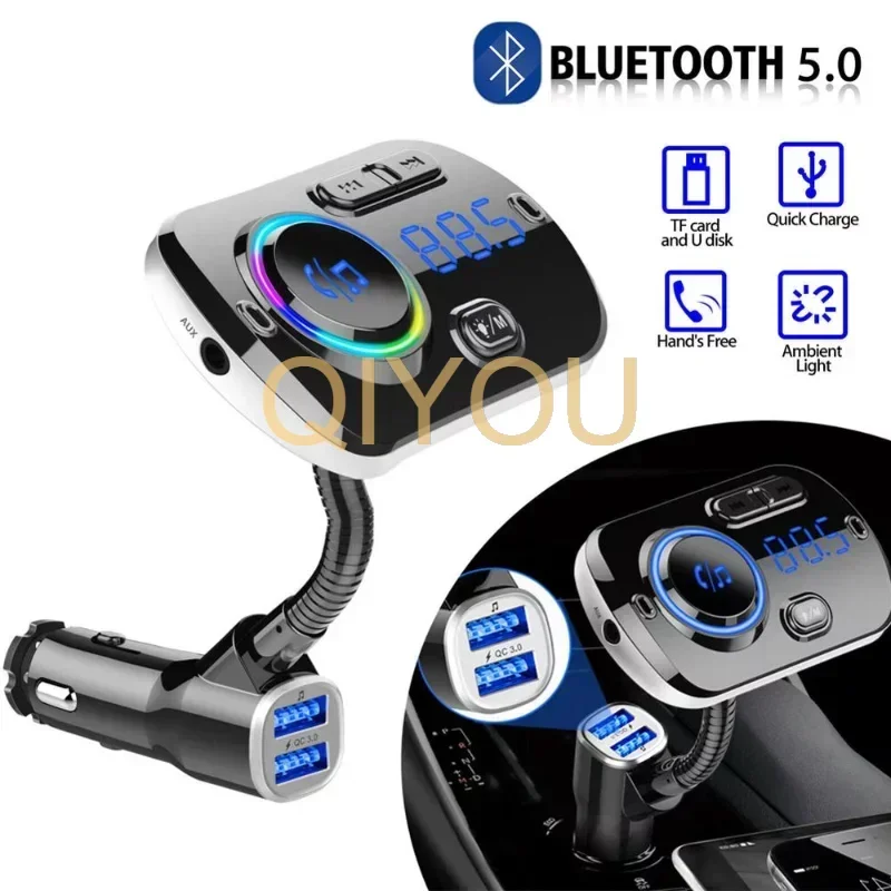 Car FM Transmitter Bluetooth-compatible 5.0 Modulator USB Car Charger Kit Hands-Free Calling Music Player Night Vision LED Light