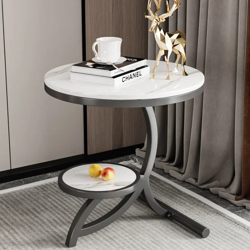 Modern 2 Tier Round End Table Storage Shelf with Faux Marble Top Gold C Shaped Legs Sofa Side Table Decorative Furniture