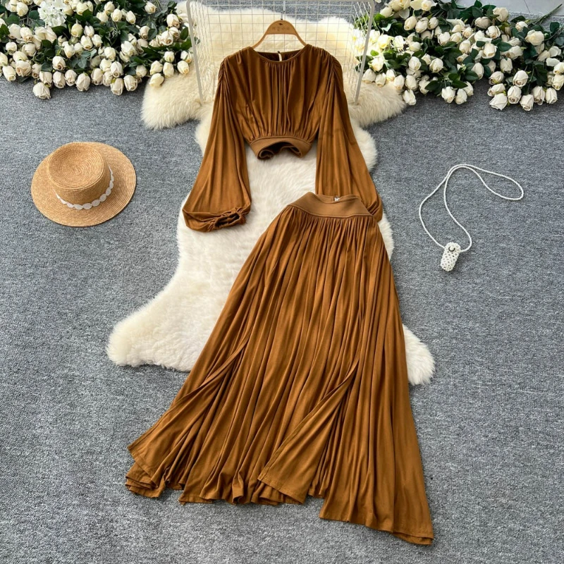 

Two Piece Skirt Sets Women Lantern Sleeve Shirts Tight Waist Split Long Skirts A Line Casual Suit Solid Elegant Lady Autumn